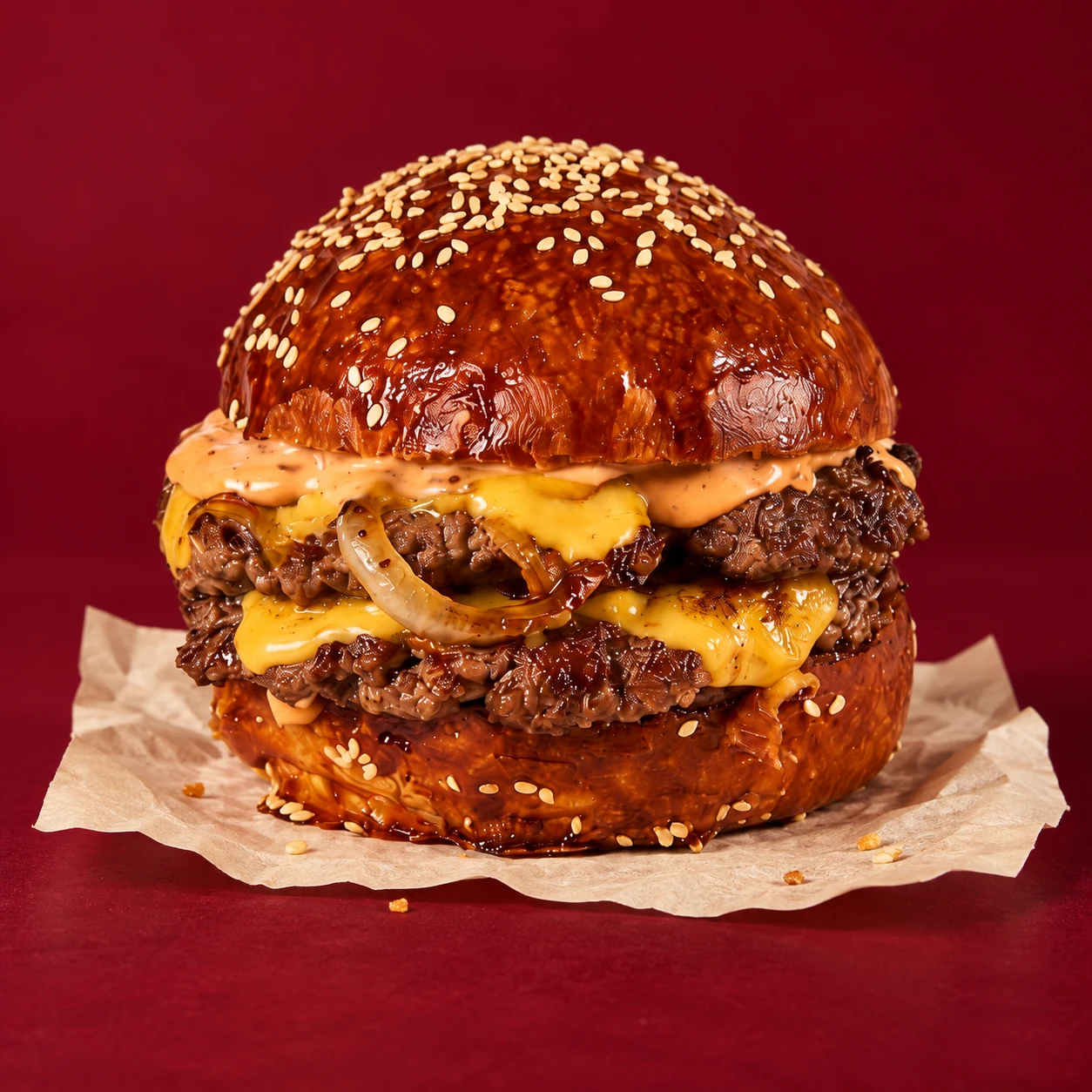 Double Oklahoma Burger на бордовом фоне — SNATCH